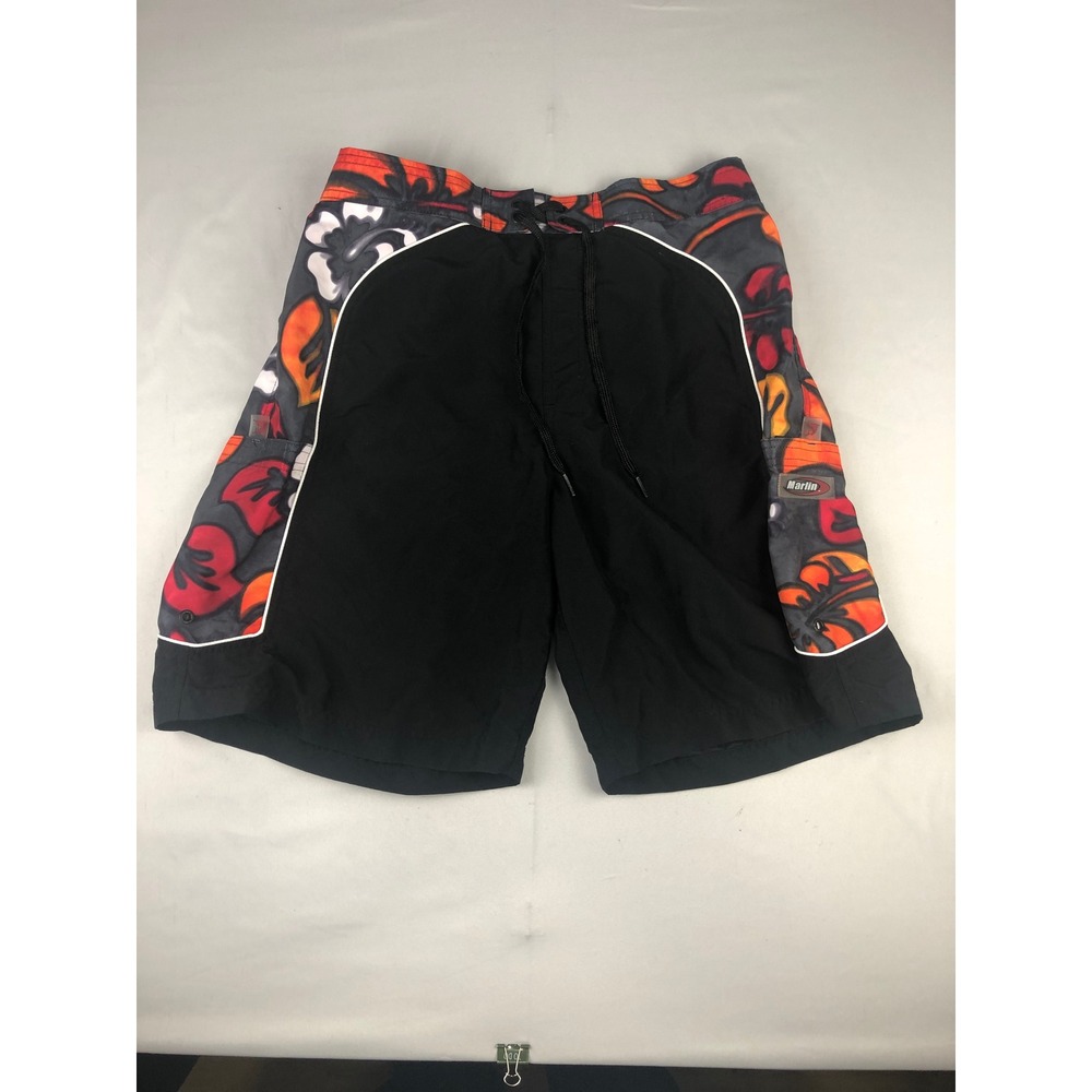 Marlin Mens Black w/Hawaiian Print Board Short Swim Trunk Mesh Liner Size Large